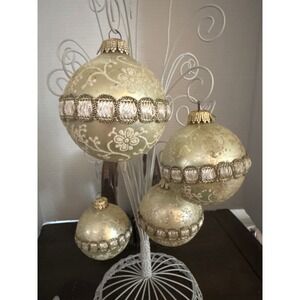 Vintage West Germany Glass Christmas Ornaments Set 4 Champagne Gold Floral Trim